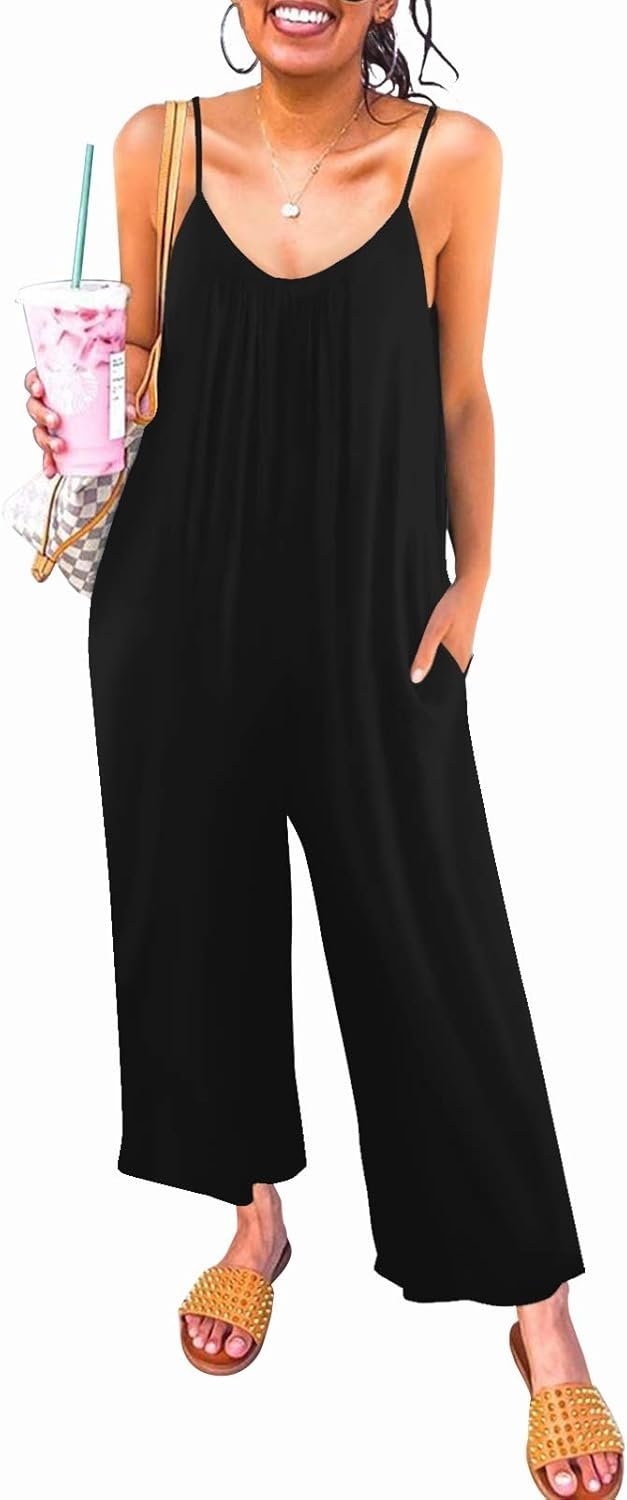 Womens Casual Sleeveless Strap Loose Adjustable Jumpsuits Stretchy Long Pants Romper with Pockets Medium Black - Image 2