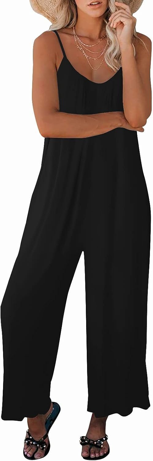 Womens Casual Sleeveless Strap Loose Adjustable Jumpsuits Stretchy Long Pants Romper with Pockets Medium Black - Image 3