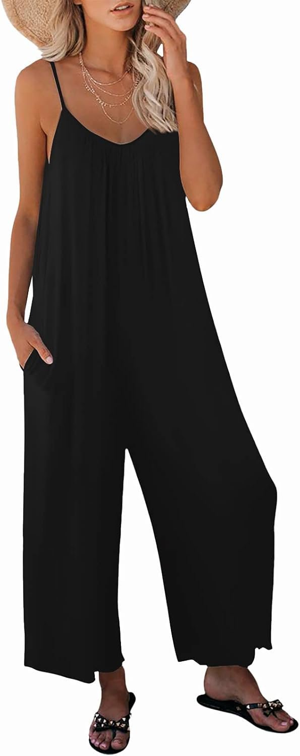Womens Casual Sleeveless Strap Loose Adjustable Jumpsuits Stretchy Long Pants Romper with Pockets Medium Black