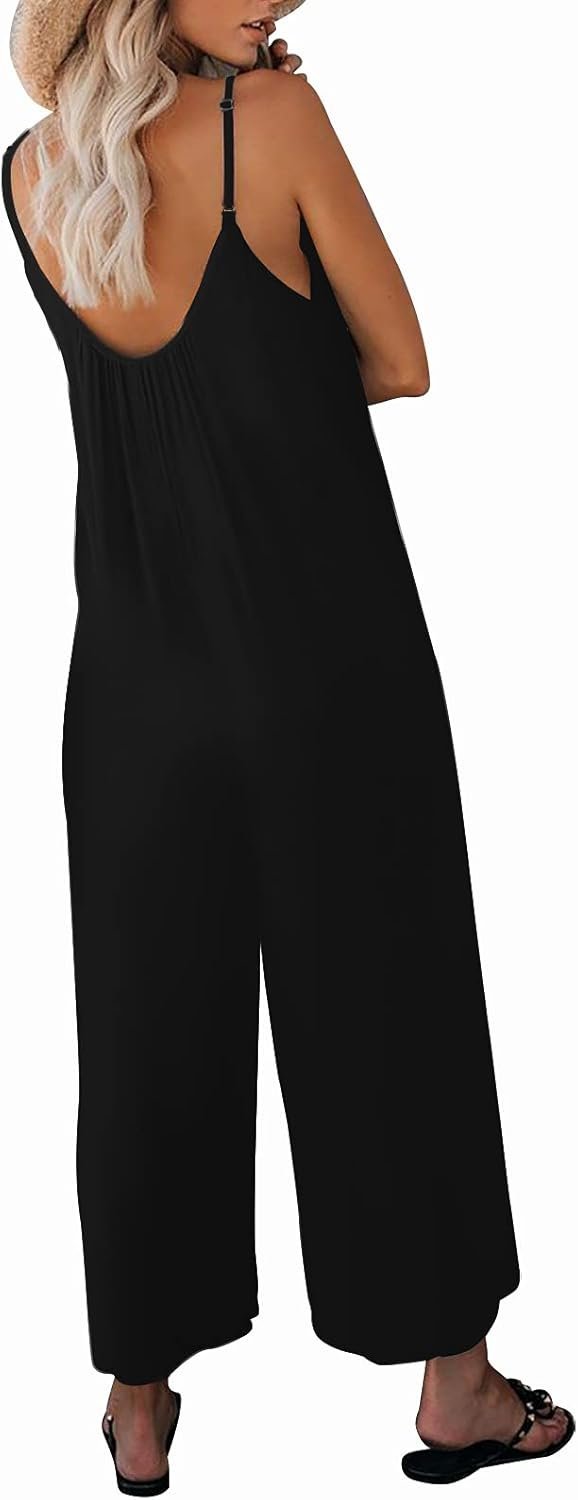 Womens Casual Sleeveless Strap Loose Adjustable Jumpsuits Stretchy Long Pants Romper with Pockets Medium Black - Image 5