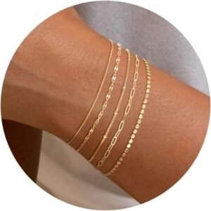Gold Bracelets for Women, 14K Dainty Gold Plated Stackable Bracelets for Women Trendy Waterproof CZ Tennis Bracelet Set Tiny Heart Paperclip Box Chain Adjustable Bracelets Minimalist Cute Jewelry