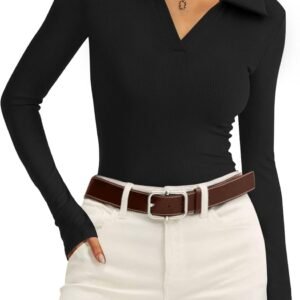 WIHOLL Womens Polo Shirts Long Sleeve Business Casual Tops Collared V Neck Ribbed Knit Sweater Slim Fit Blouses