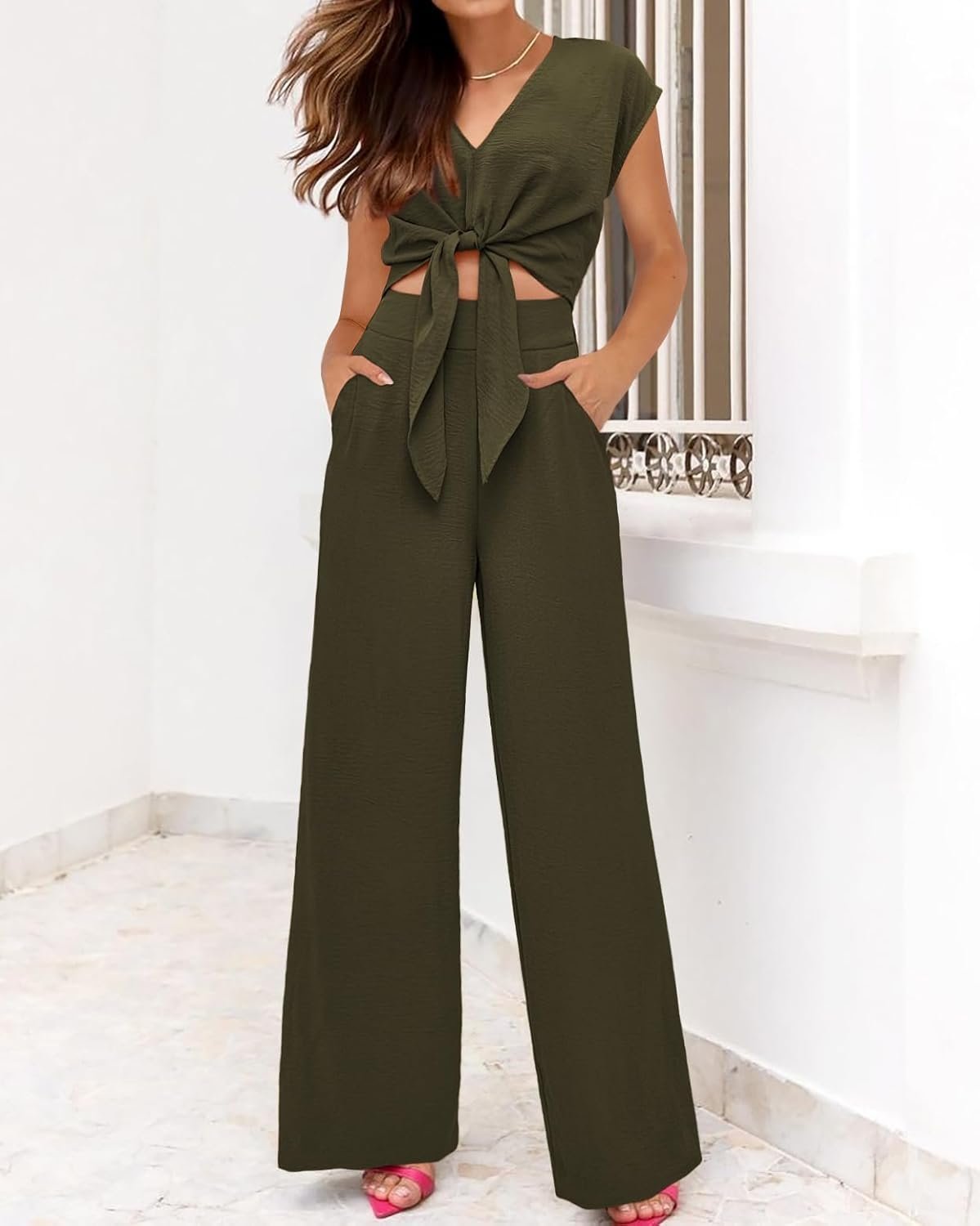 PRETTYGARDEN Women's Summer 2 Piece Outfits 2025 Cap Sleeve V Neck Belted Crop Tops Wide Leg Pant Sets Casual Tracksuit - Image 6