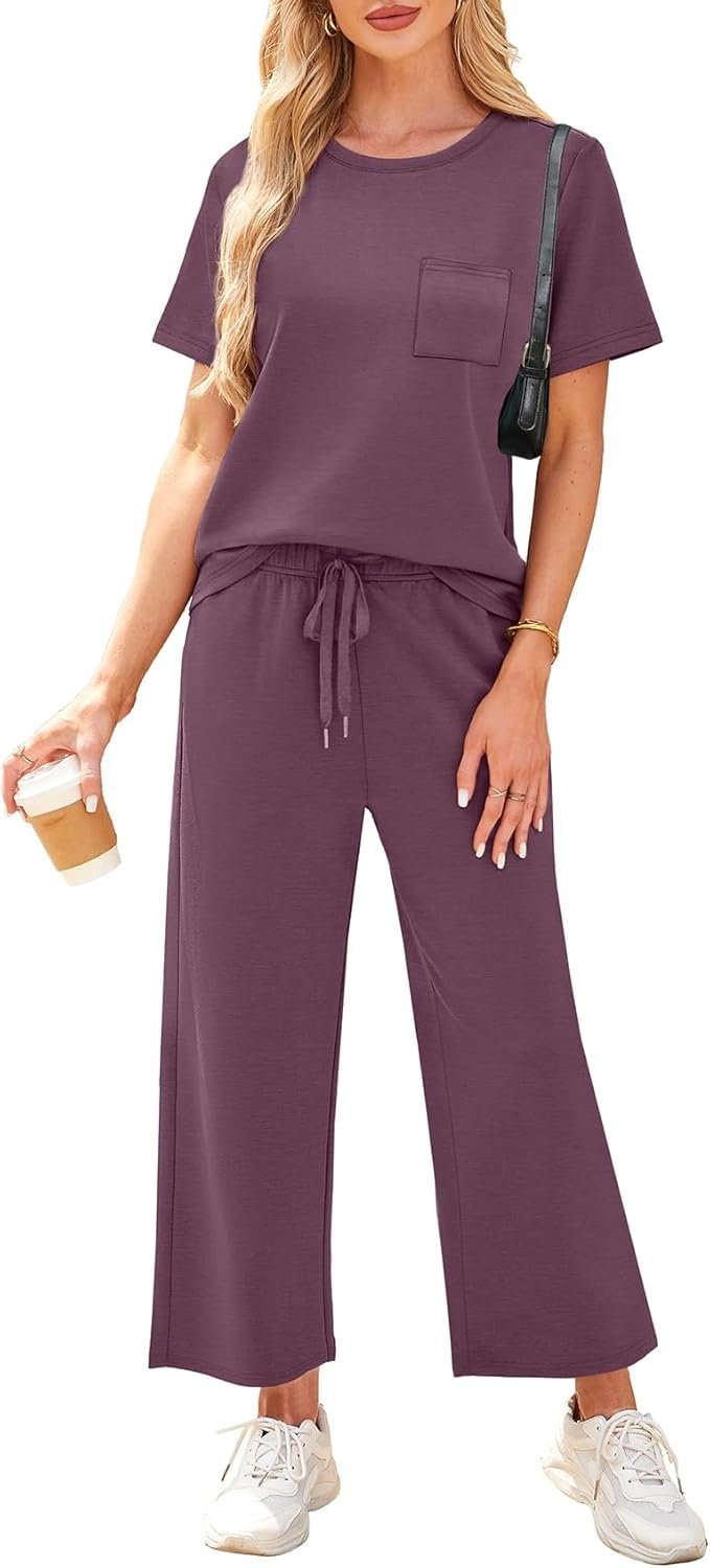 WIHOLL 2 Piece Sets for Women Casual Summer Travel Vacation Outfits Short Sleeve Wide Leg Crop Pants Lounge Sets - Image 2