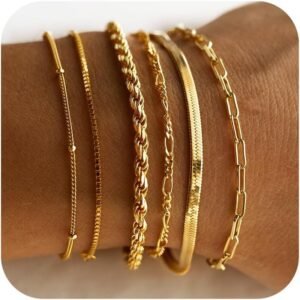 DEARMAY Gold Bracelets for Women Waterproof, 14K Real Gold Jewelry Sets Trendy Thin Dainty Stackable Cuban Link Paperclip Chain Bracelet Pack Fashion Accessories Gifts for Womens
