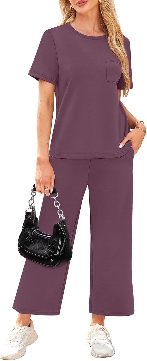 WIHOLL 2 Piece Sets for Women Casual Summer Travel Vacation Outfits Short Sleeve Wide Leg Crop Pants Lounge Sets - Image 4