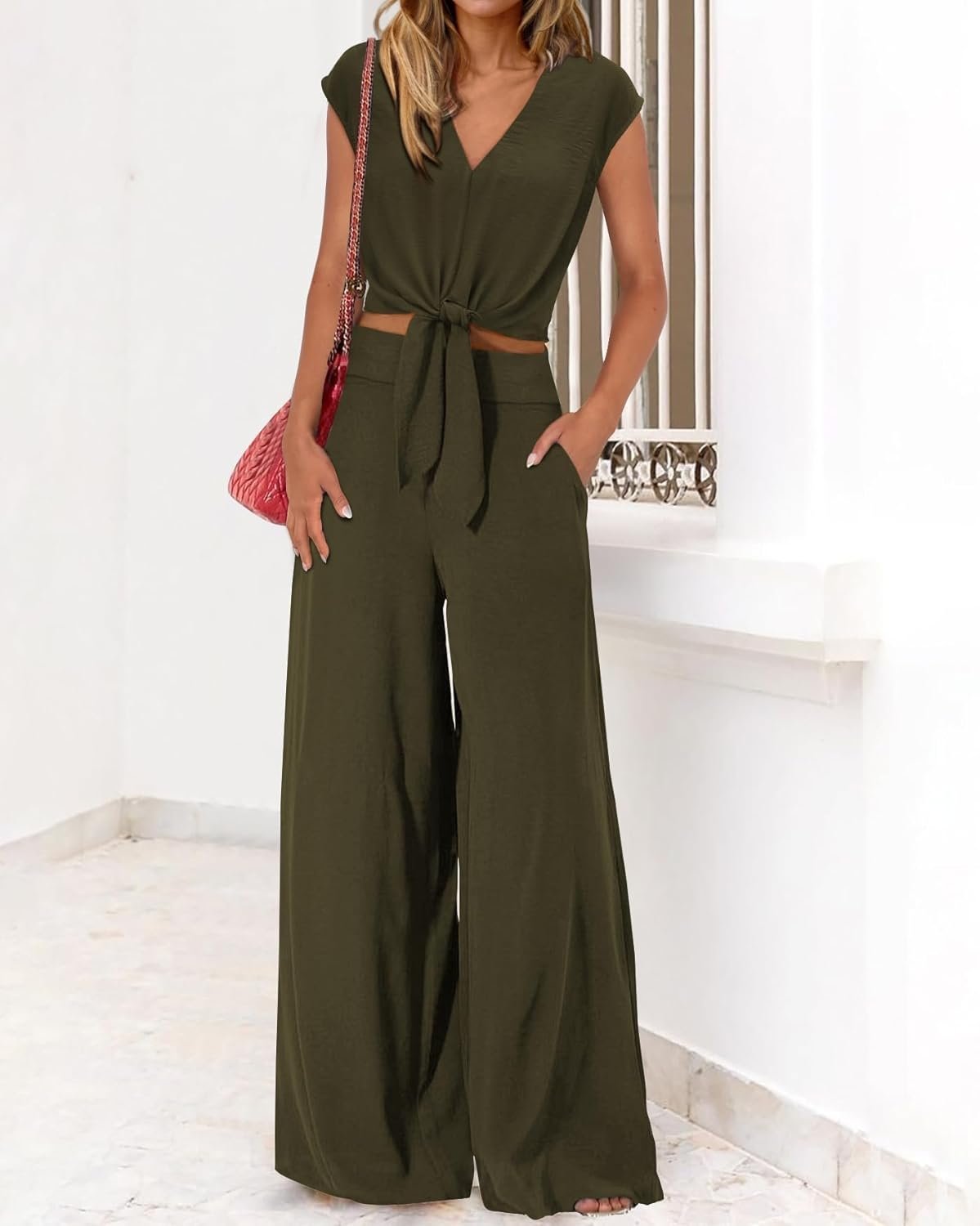 PRETTYGARDEN Women's Summer 2 Piece Outfits 2025 Cap Sleeve V Neck Belted Crop Tops Wide Leg Pant Sets Casual Tracksuit - Image 3