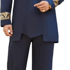 Pacinoble Mens African 2 Piece Set Metallic Traditional Suit Floral Printed Mens African Dashiki Shirt and Pants Outfit