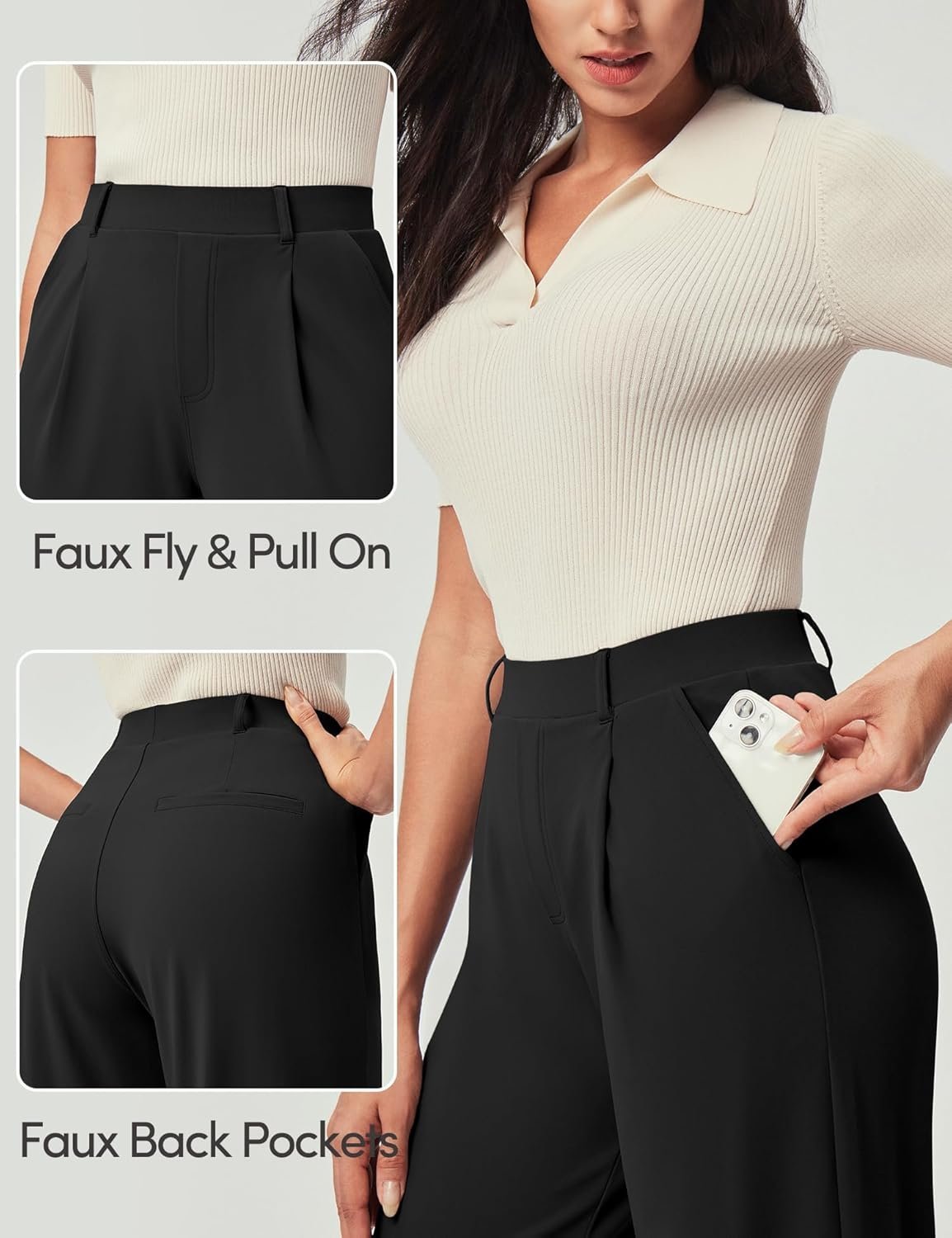 IUGA Womens Dress Pants Wide Leg Pull On Stretchy Work Pants Women High Waisted Business Casual Trousers with Pockets - Image 3