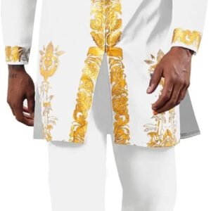 Mens African 2 Piece Set Zipper Nigerian Dashiki Metallic Shirt and Pants Outfit Gold Stamp Printed Long Traditional Suit