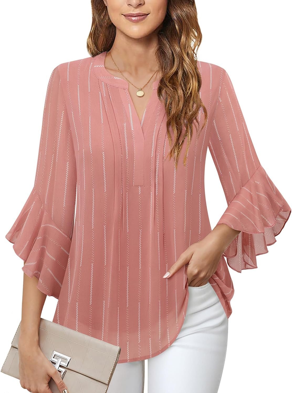 Timeson Women's 3/4 Sleeve Tops Dressy Casual Business Work Blouses Chiffon Office Shirts - Image 3