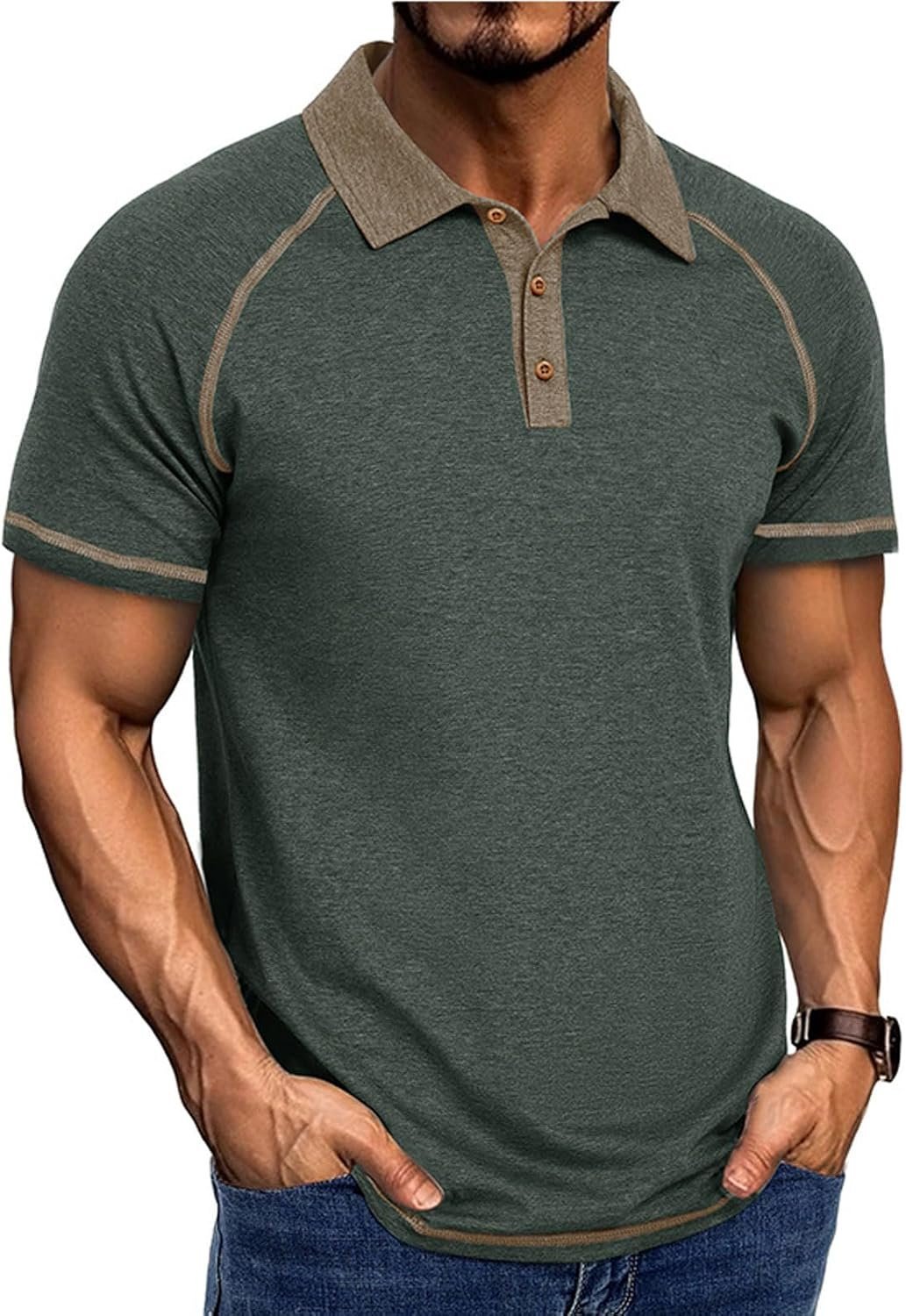 Men's Polo Shirts Short Sleeve Casual Vintage Collared Button Basic Golf Raglan Tee T-Shirts