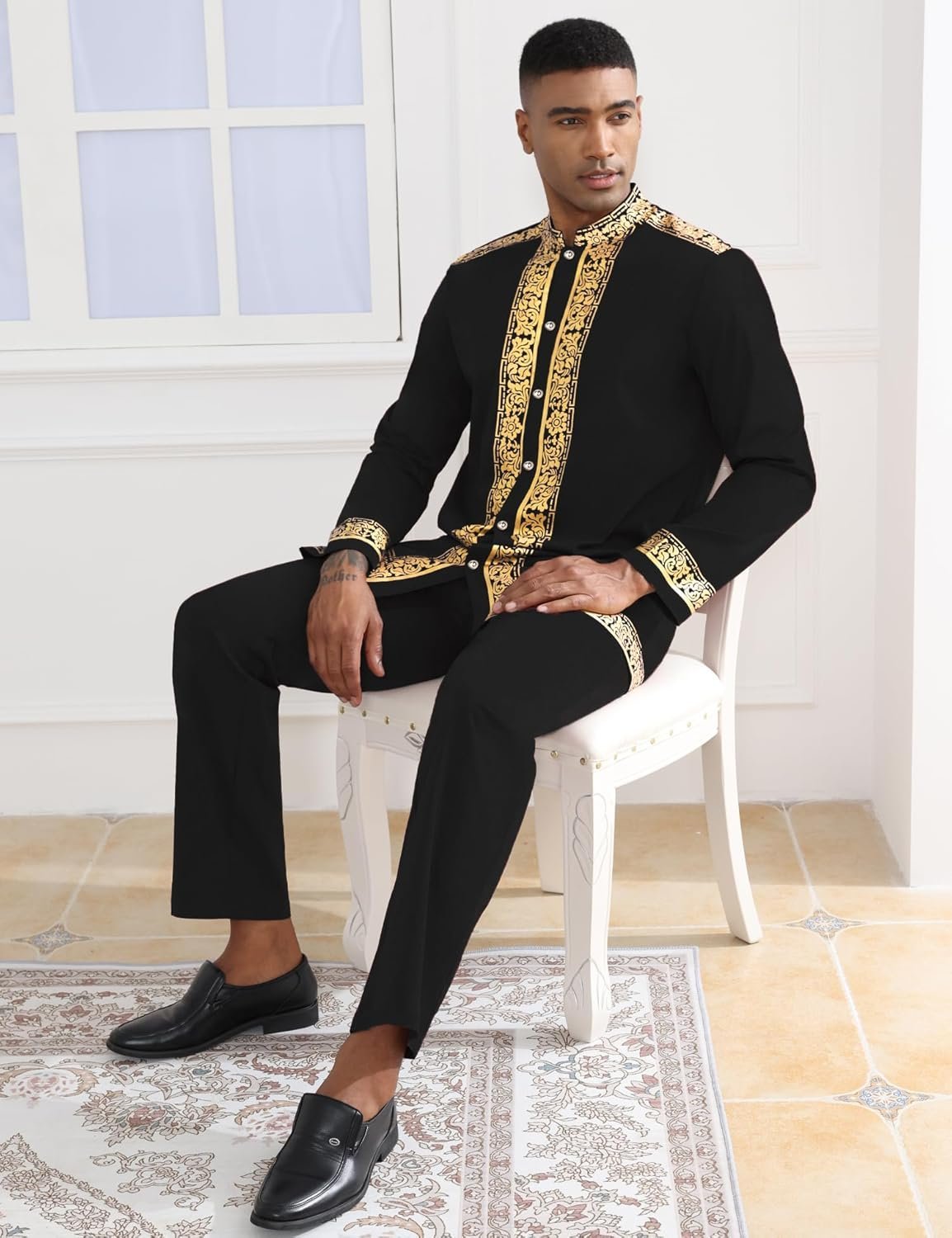 Mens African 2 Piece Set Nigerian Dashiki Metallic Traditional Suit Gold Stamp Printed Shirt and Pants Outfit - Image 3