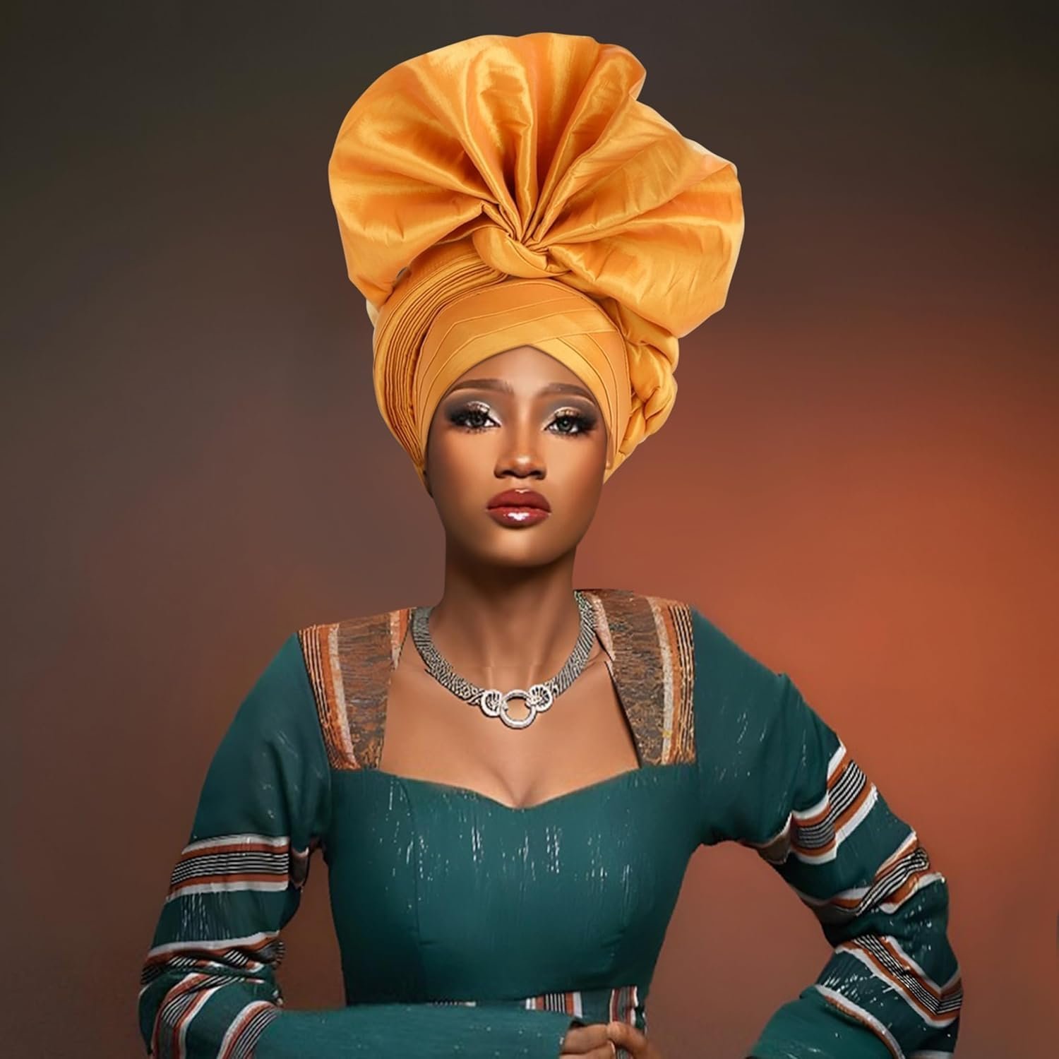 Elegant Polyester African Headscarf-Stretchable Traditional Nigerian Wedding Headpiece, Automatic Gurler Style Fan Headscarf - Image 2