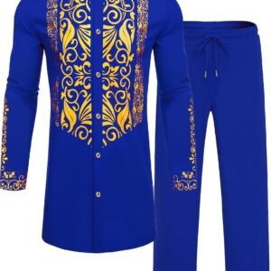 Mens African 2 Piece Sets Dashiki Metallic Traditional Suit Gold Stamp Printed Shirt and Pants Outfit