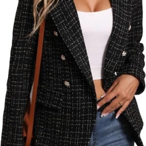 2025 Fall Winter Women's Tweed Blazer Jacket-Plaid Fully Lined Fashion Business Casual Lapel Elegant Coat Pockets