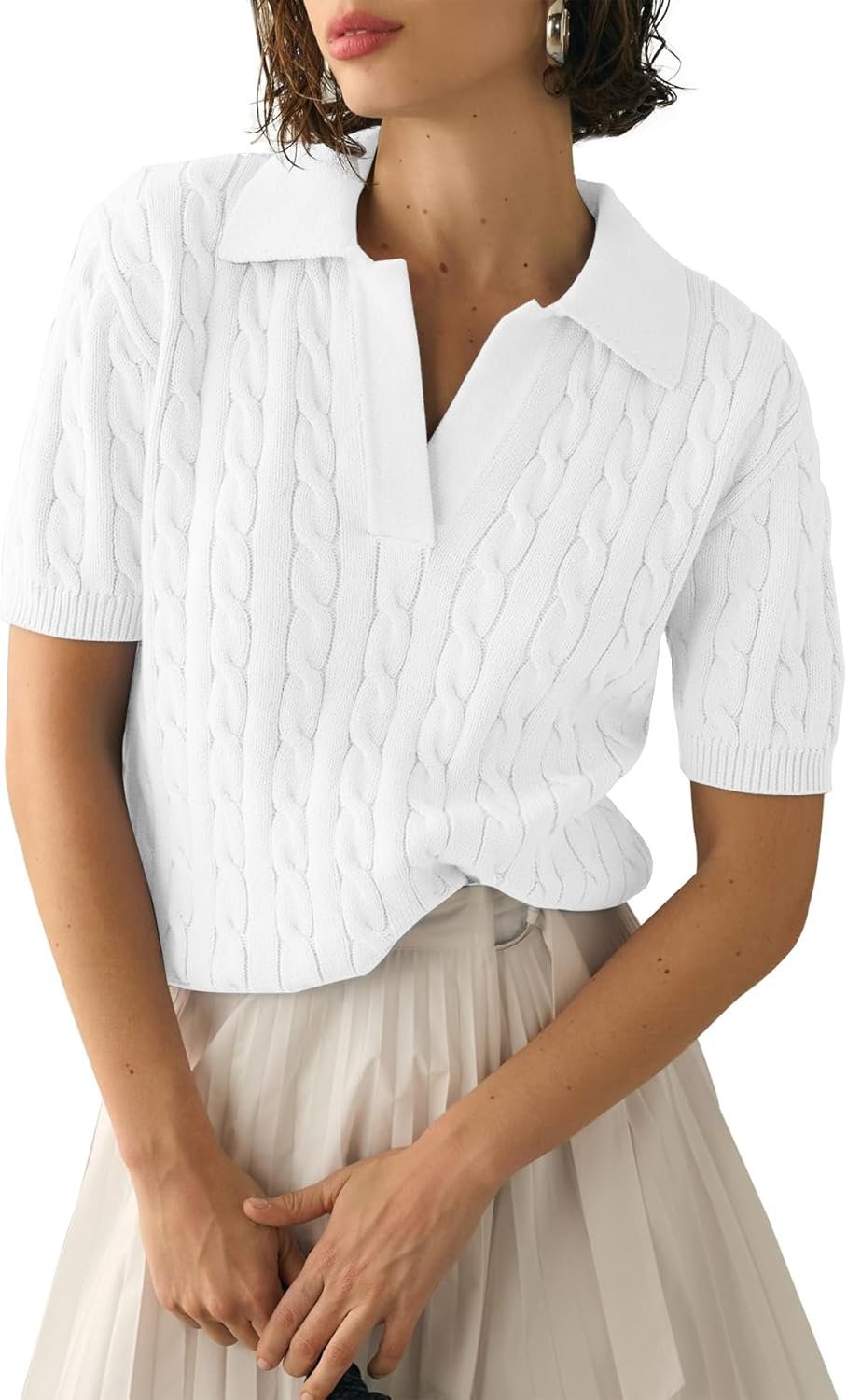 Imily Bela Women's Cable Short Sleeve Sweaters Tops Solid Lapel V Neck Knit Casual Soft Pullover Shirt