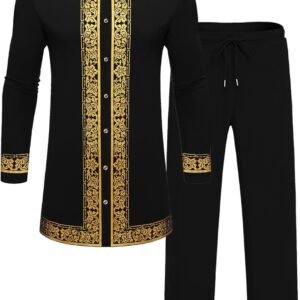 Mens African 2 Piece Set Nigerian Dashiki Metallic Traditional Suit Gold Stamp Printed Shirt and Pants Outfit