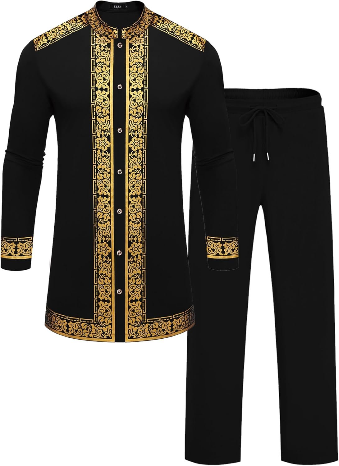 Mens African 2 Piece Set Nigerian Dashiki Metallic Traditional Suit Gold Stamp Printed Shirt and Pants Outfit