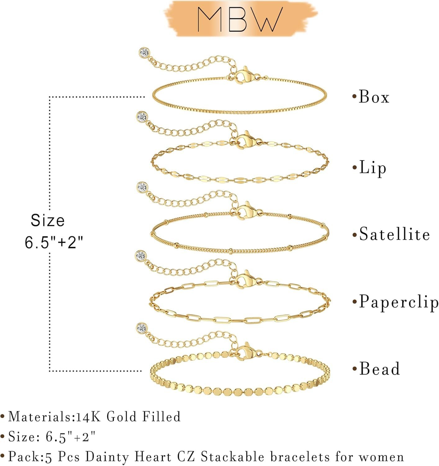 Gold Bracelets for Women, 14K Dainty Gold Plated Stackable Bracelets for Women Trendy Waterproof CZ Tennis Bracelet Set Tiny Heart Paperclip Box Chain Adjustable Bracelets Minimalist Cute Jewelry - Image 5