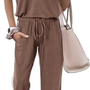 MASCOMODA Womens 2 Piece Outfits 2025 Summer Tracksuit Sets Short Sleeve Tops Travel Long Pants Jogger Lounge Set
