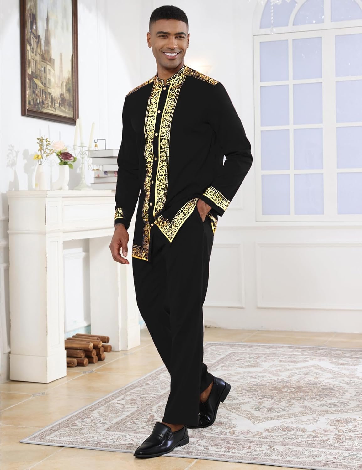 Mens African 2 Piece Set Nigerian Dashiki Metallic Traditional Suit Gold Stamp Printed Shirt and Pants Outfit - Image 2