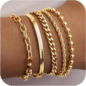 Gold Bracelets for Women,Dainty Bracelets Set for Women Trendy, Gold Bracelets Stack With Beaded, Cuban, Paperclip, Heart, Snake, Rope, Pearl, Cross, Hand Chain, Silver Jewelry Gifts for Women