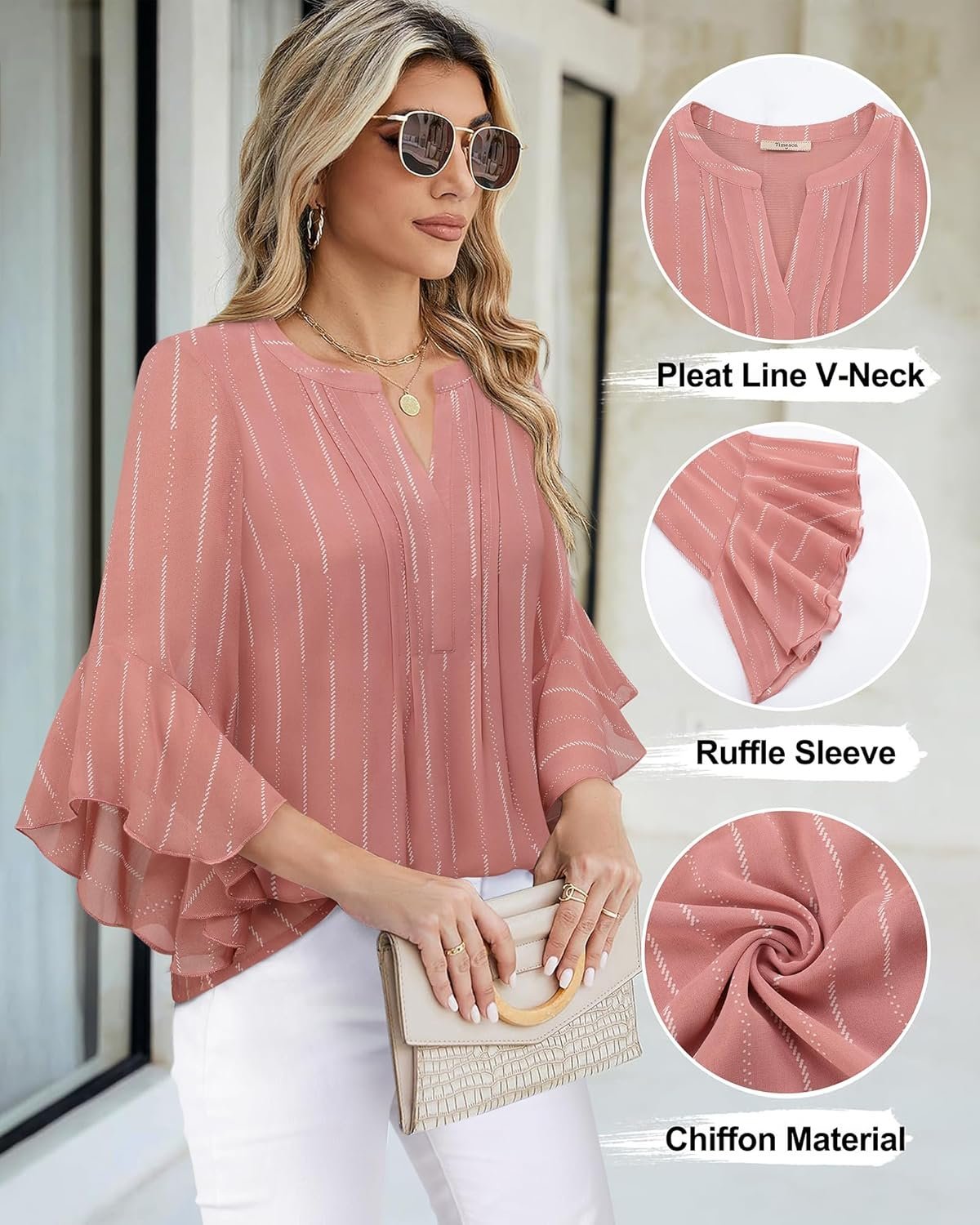 Timeson Women's 3/4 Sleeve Tops Dressy Casual Business Work Blouses Chiffon Office Shirts - Image 4