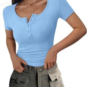 PRETTYGARDEN Women's 2025 Spring Summer Short Sleeve Tops Ribbed Henley Button Slim Fit Basic Casual T Shirts Blouse Clothing