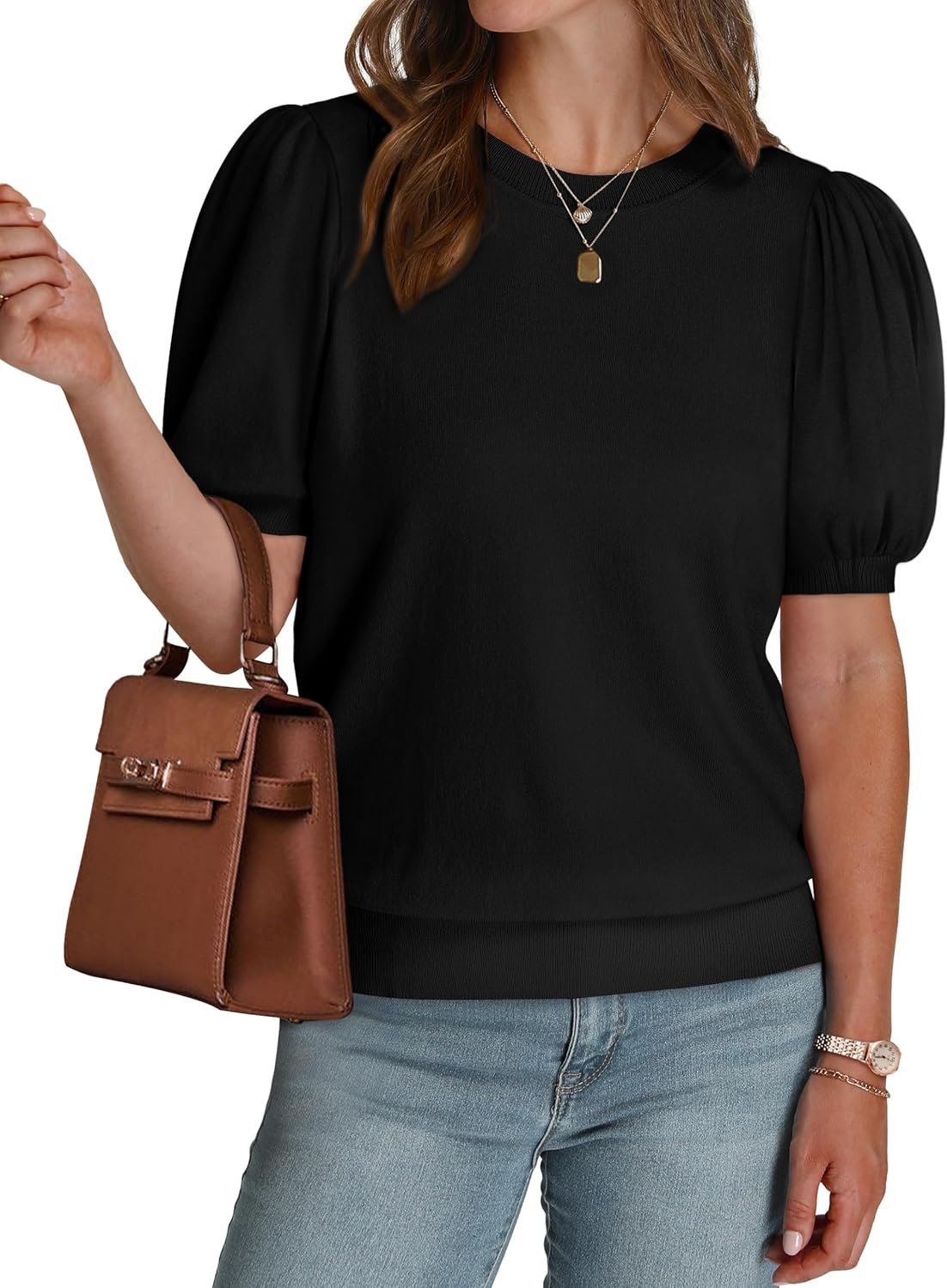 WIHOLL Women's Puff Short Sleeve Sweater 2025 Spring Summer Tops Trendy Business Casual Outfits Work Blouses Clothes - Image 4