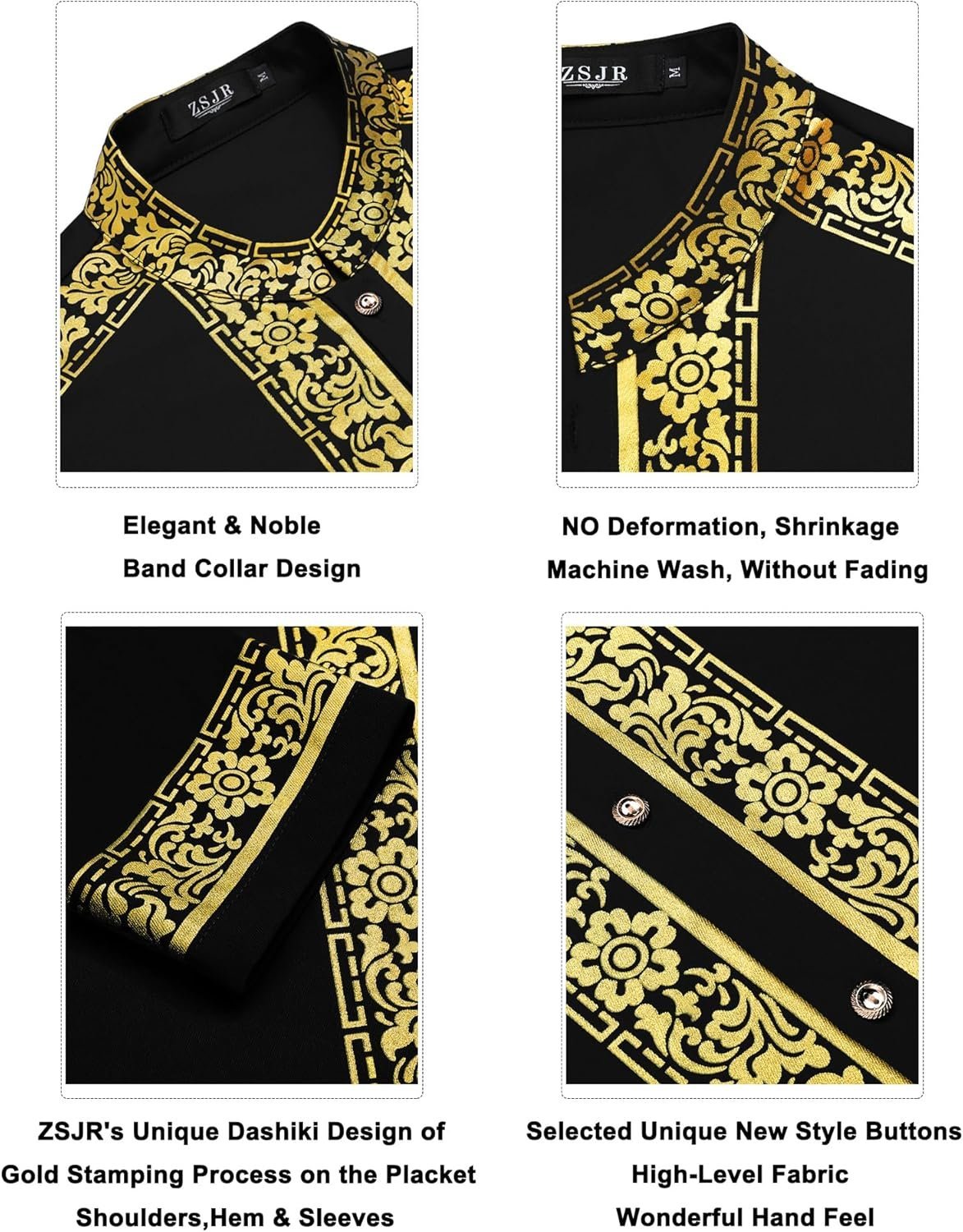 Mens African 2 Piece Set Nigerian Dashiki Metallic Traditional Suit Gold Stamp Printed Shirt and Pants Outfit - Image 5