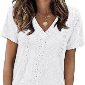 SAMPEEL Womens Summer Tops Trendy 2025 Eyelet Crossed V Neck T Shirts Loose Casual Short Sleeve Tshirts Shirts Fashion